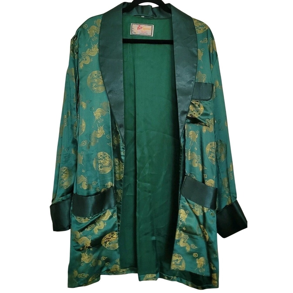 Vintage Men's Solz Squirrel Hangzhou China Sz 48 Green Dragon Silk Robe *NO BELT